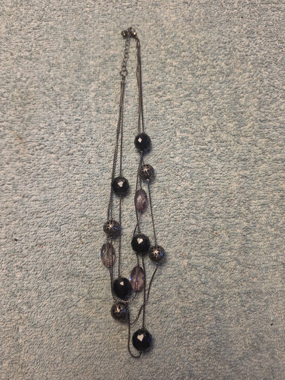 Multi Strand Beaded Necklace Black Faceted Purple Translucent Beads Gunmetal...